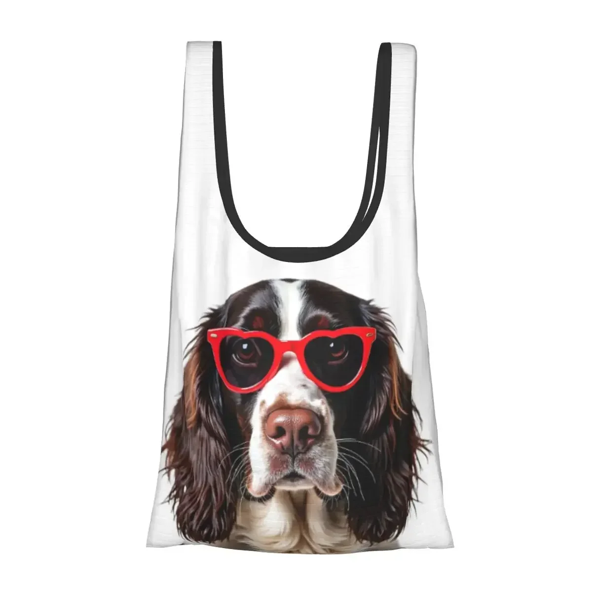 English Springer Spaniel Dog Wearing A Heart Shape Sunglasses Portable Tote Shopping Bags Groceries Handbag Shoulder Bag