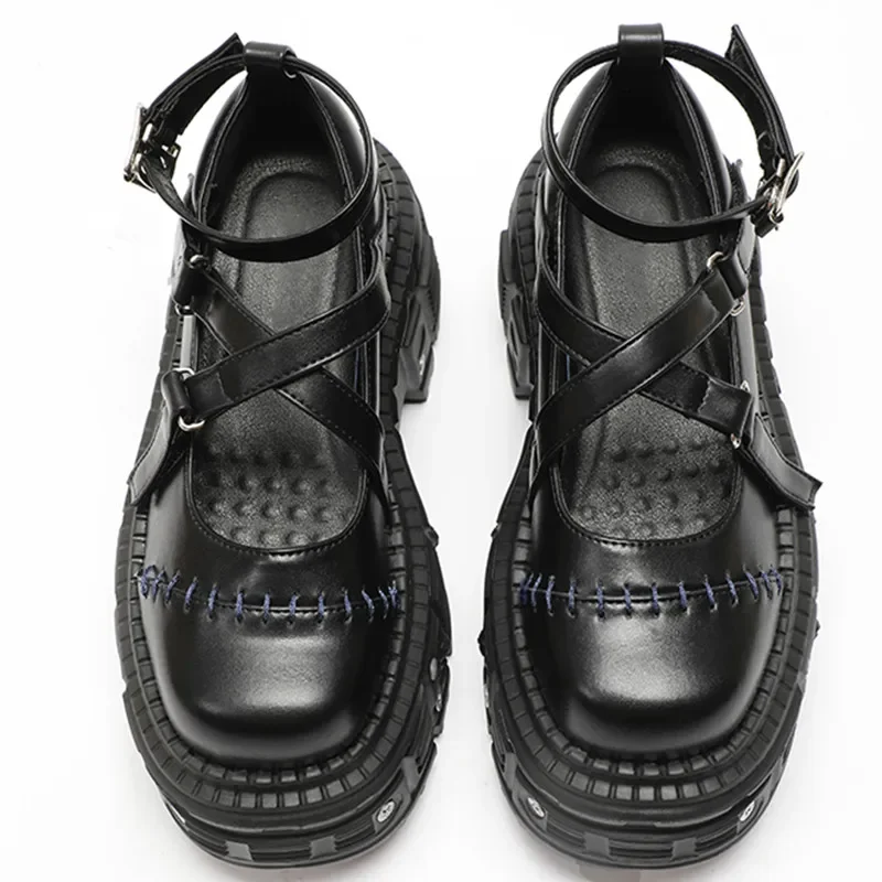 Gothic Mary Janes สําหรับผู้หญิงข้ามผูกสายคล้องข้อเท้ารองเท้ารอบ Toe หนาด้านล่างหญิงรองเท้า Punk รองเท้าผู้หญิง 2025