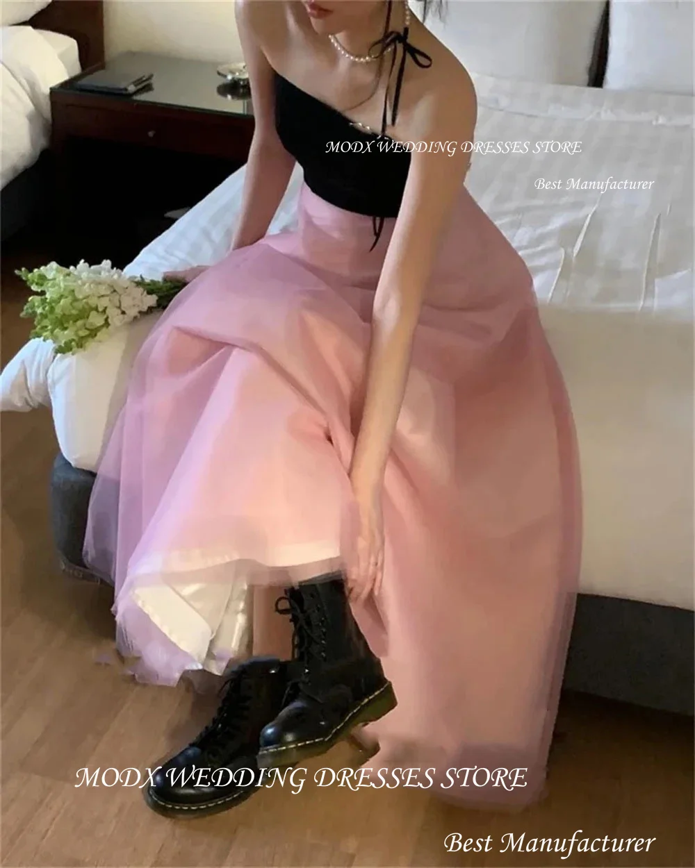 MODX فساتين الحفلات المسائية الكورية باللون الأسود والوردي على شكل حرف A بدون حمالات لصور الزفاف بدون أكمام بدون ظهر مشد للحفلات الراقصة #2