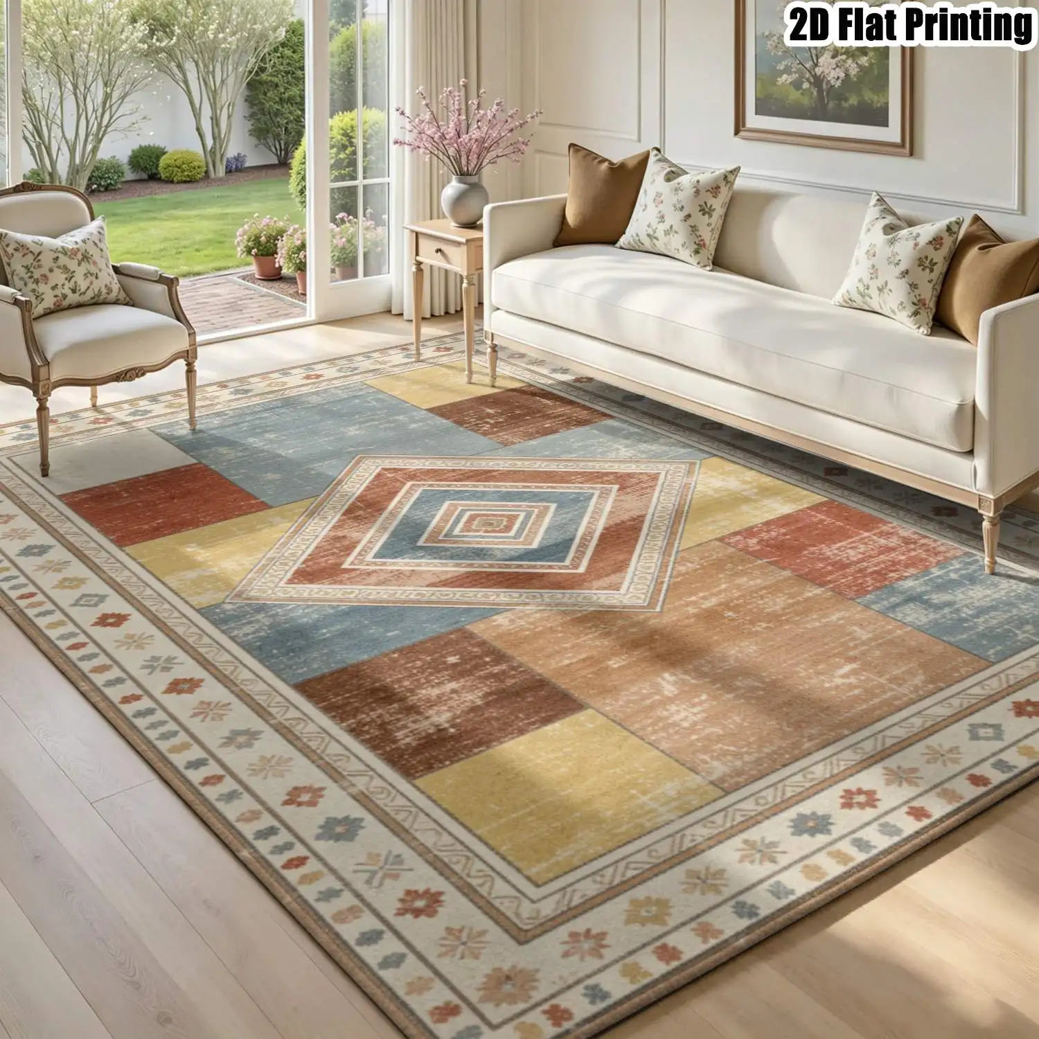 1Pc 2D Printed Carpet: Pink-Brown Retro Ethnic Patterns, European Vintage Bohemian Style, Home Decor, Multiple Sizes, Machine Washable, Multi-Scene Use