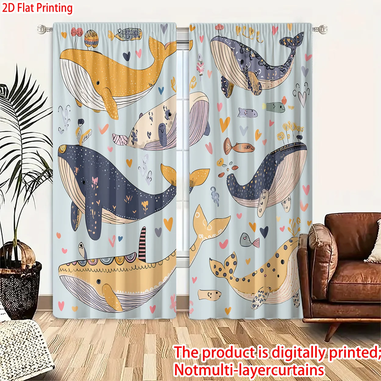 Blue Whale Pattern Curtains 2pcs Ocean Nautical Living Room Nursery Curtains Wall Decor Cartoon Printed