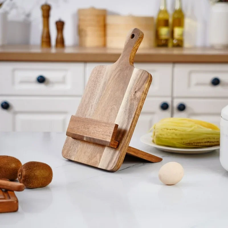 Acacia Wood Cookbook Stand,Wooden Recipe Holder with Tablet Slot,Non-Slip Base,Stylish Kitchen Counter Organizer for Cookbooks