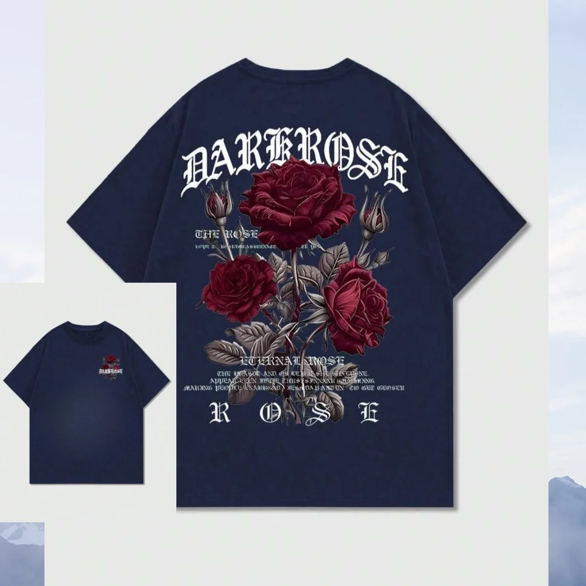 Men's Casual Versatile Rose Flower Print Short Sleeve T-Shirt High-end Luxury Unisex Style Both of Men and Women