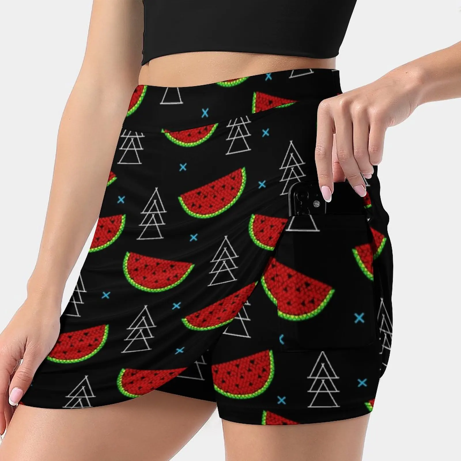 

Tropical Mosaic Watermelon Design On Black Background Women's skirt With Hide Pocket Tennis Skirt Golf Skirts Badminton Skirts