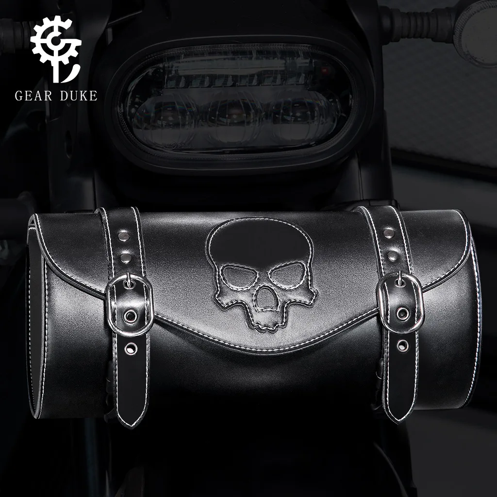 Punk Embossed Skull Black Cylinder Motorcycle Handlebar Bag Rivet Leather Fork Tool Bag Detachable Strap Crossbody Purse  FBG377