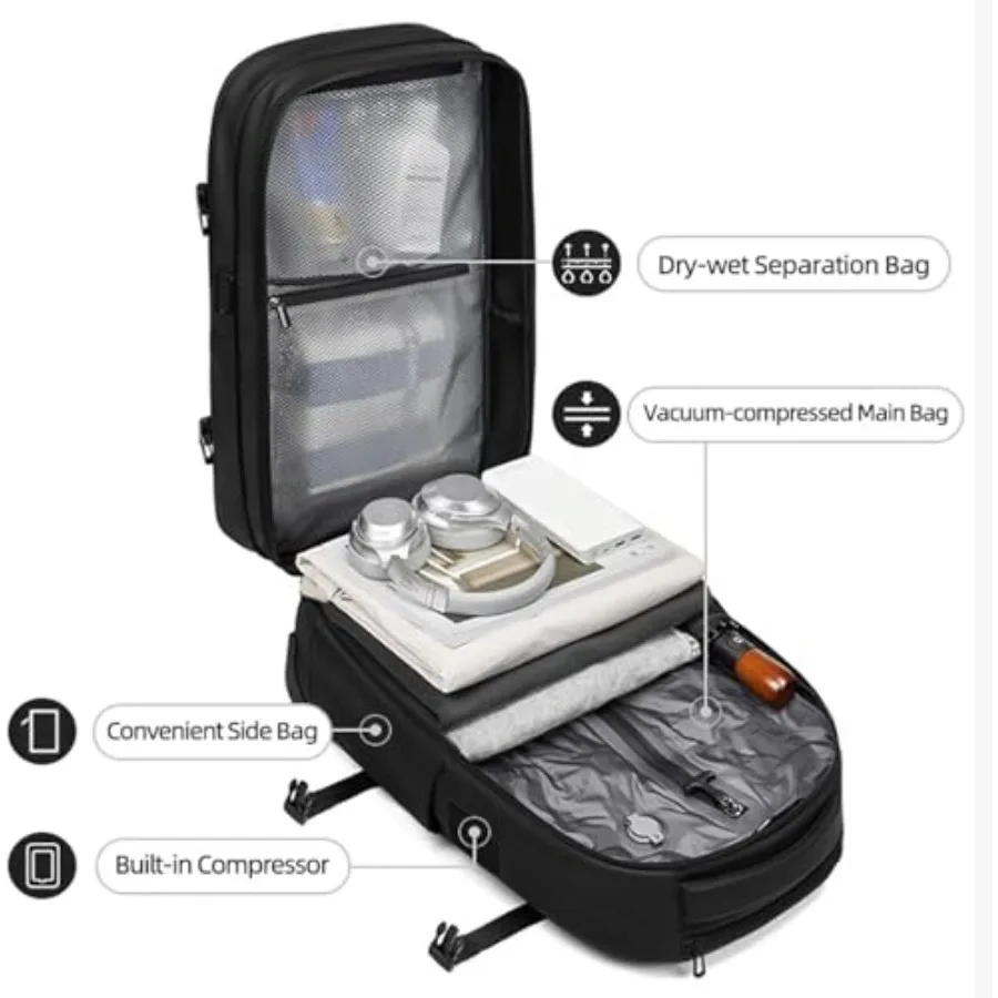 21" Vacuum Compression Backpack with Wheels Expandable Waterproof Carry On Travel Laptop Bag Flight Approved Luggage Rolling Su