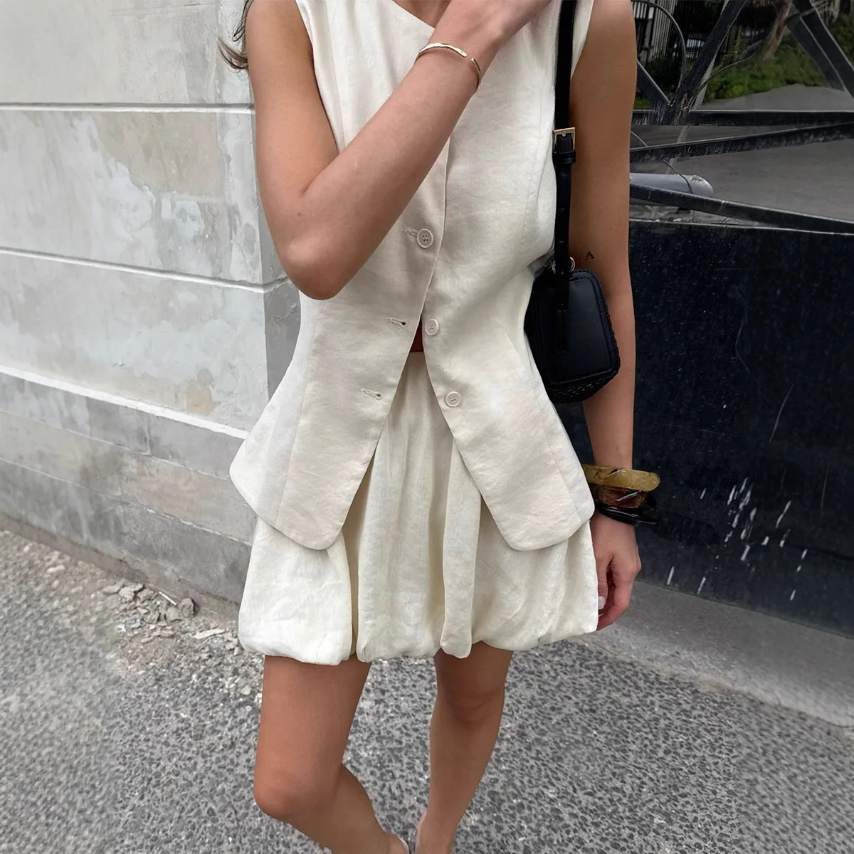 Female Vest Skirt Set Summer Commute Dating Elegant Vest Flower Bud Style Short Skirt Women Suit Solid Sleeveless New Set