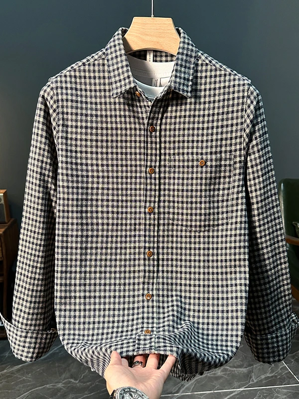 

Retro Plaid Long Sve Men's irt Casual Loose Outerwear Faionable Autumn Season Breathable Polyester Fabric