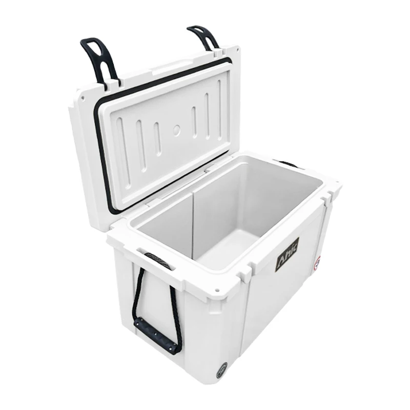 45qt แคมป์ปิ้งและตกปลาน้ํา Rotomolded Ice Chest แบบพกพา Rolling Cooler สําหรับชายหาดเครื่องทําน้ําเย็นพลาสติก