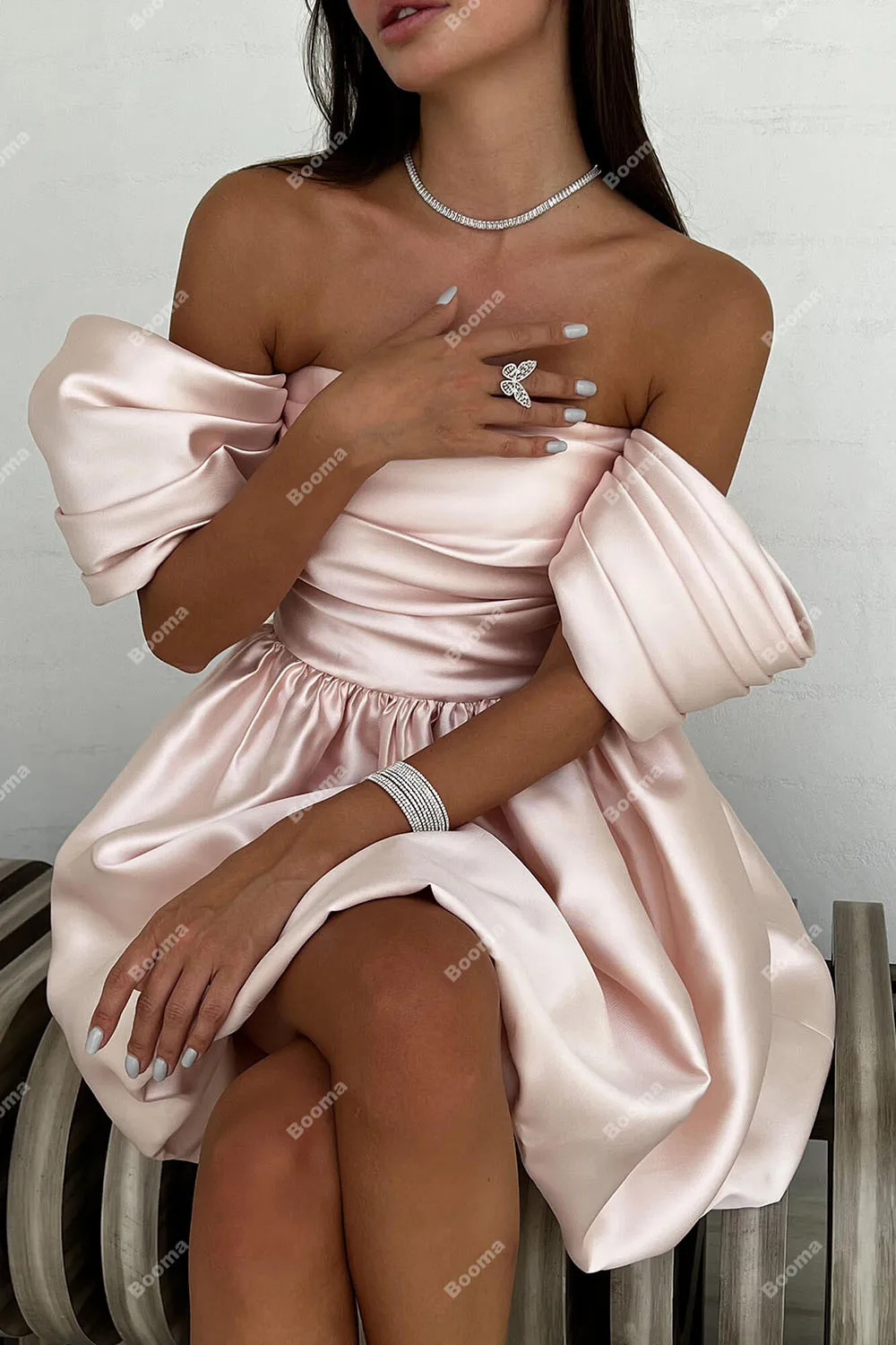 Booma Pink Mini Prom Gowns Off Shoulder Pleat Ball Gown A-Line Cocktail Dresses Special Occasion Dresses Women\'s Birthday Party