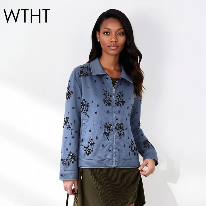 WTHT 2026 Spring New Fashion Women's Embroidery Sequins Casual Jacket Trendy Lapel Long Sleeves Zipper Coat Female 1LS2949