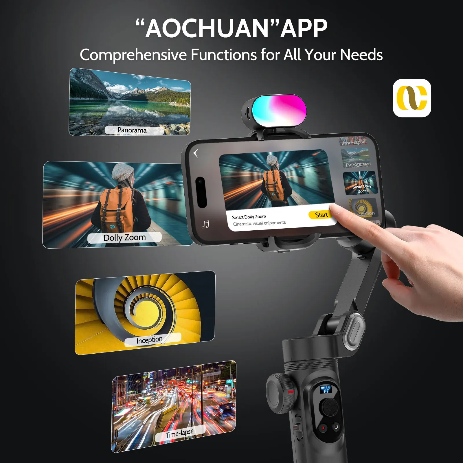 AOCHUAN Smart Xpro SmartPhone Gimbal Stabilizer With RGB magnetic fill light Professional 3-axis stabilizer For iphone Android