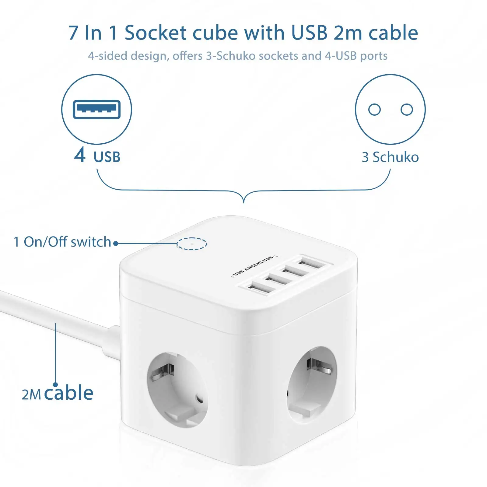 EU Cube Extension Cord Power Socket, Multi-Outlet Power Strip with 3 AC Outlets and 4 USB, with Switch 2m Cable for Home Office