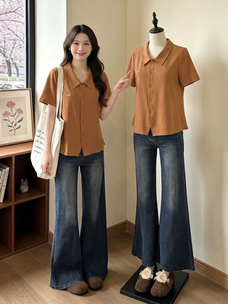 Pumpkin Orange  Neck Short Sleeve T-Shirt Women's Summer New plus Size Slimming Age-Defying Top Korean Style Loose Fit