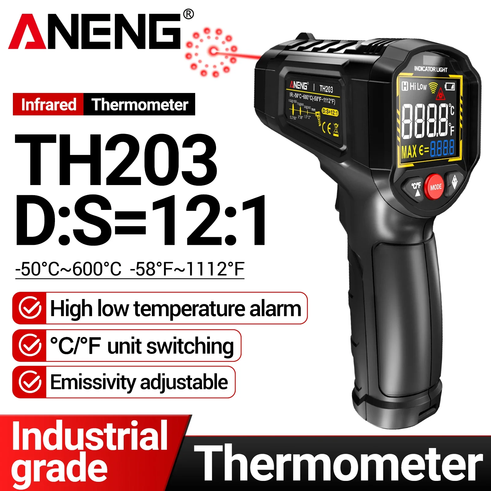 ANENG TH203 Infrared Thermometer with Adjustable Emissivity Industrial Thermometer Gun Non-Contact Electronic Thermometer