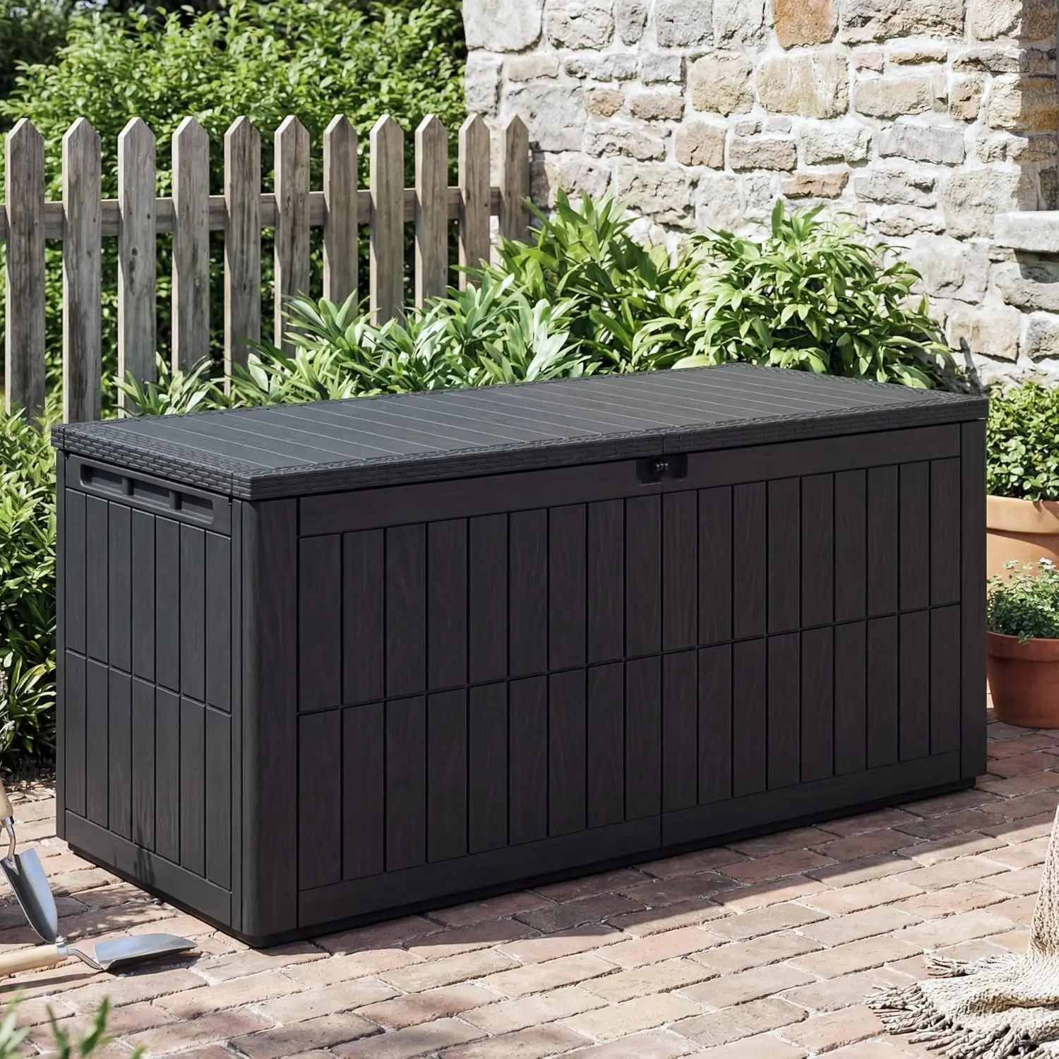 Deck Box Outdoor Storage Box Lockable Waterproof Resin Indoor Outdoor Storage Container For Patio Cushions Tools Package Delivery Boxes For Outside, Extra Large Capacity Patio Bench Furniture, Black