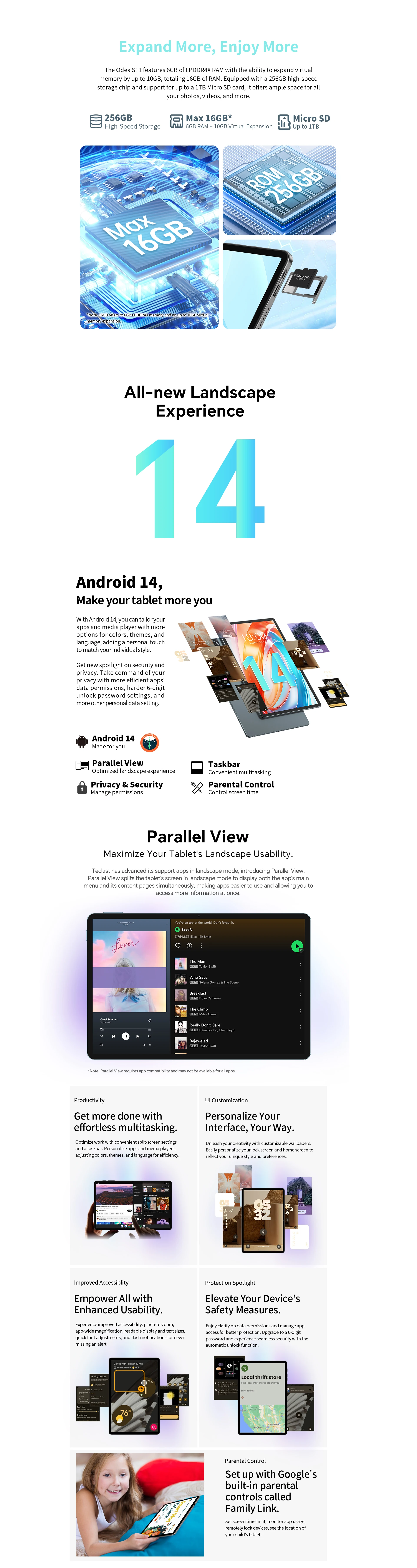 Teclast Odea S11, 11-Zoll-Tablet, max. 16 GB RAM, 256 GB ROM, 1920x1200 TDDI, Android 14, Octa-Core, T606, GPS, 4G LTE, 13MP+8MP – Detail 12