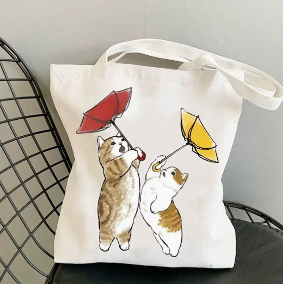 

Cute Cat Tote Bag Canvas Shoulder Bag Casual Fashion Versatile Reusable Grocery Bag for Cat Lovers Women Girls Daily Use White