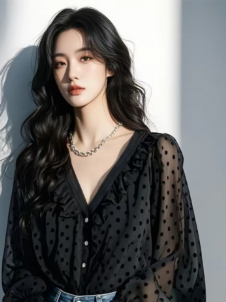 

French High-end Black Temperament Polka Dot Loose Shirt For Woemn Summer V-Neck Ruffled Chiffon Cardigan Casual Versatile Top
