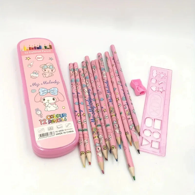 Sanrio Hello Kitty Colored Pencils Anime Cartoon Kuromi Cinnamoroll Patterns 12-Color Colored Pencil Set Children\'s Stationery