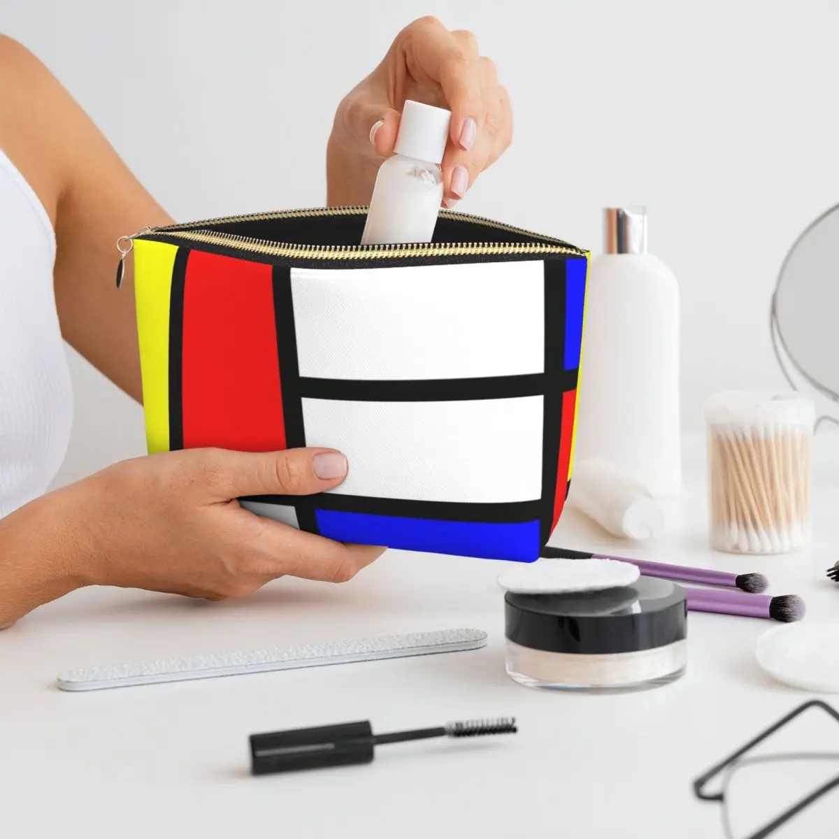 

Piet Mondrian "Composition 2" Color Block With Red Yellow And Blue Women Cosmetic Bags Travel Makeup Organizer Pouch