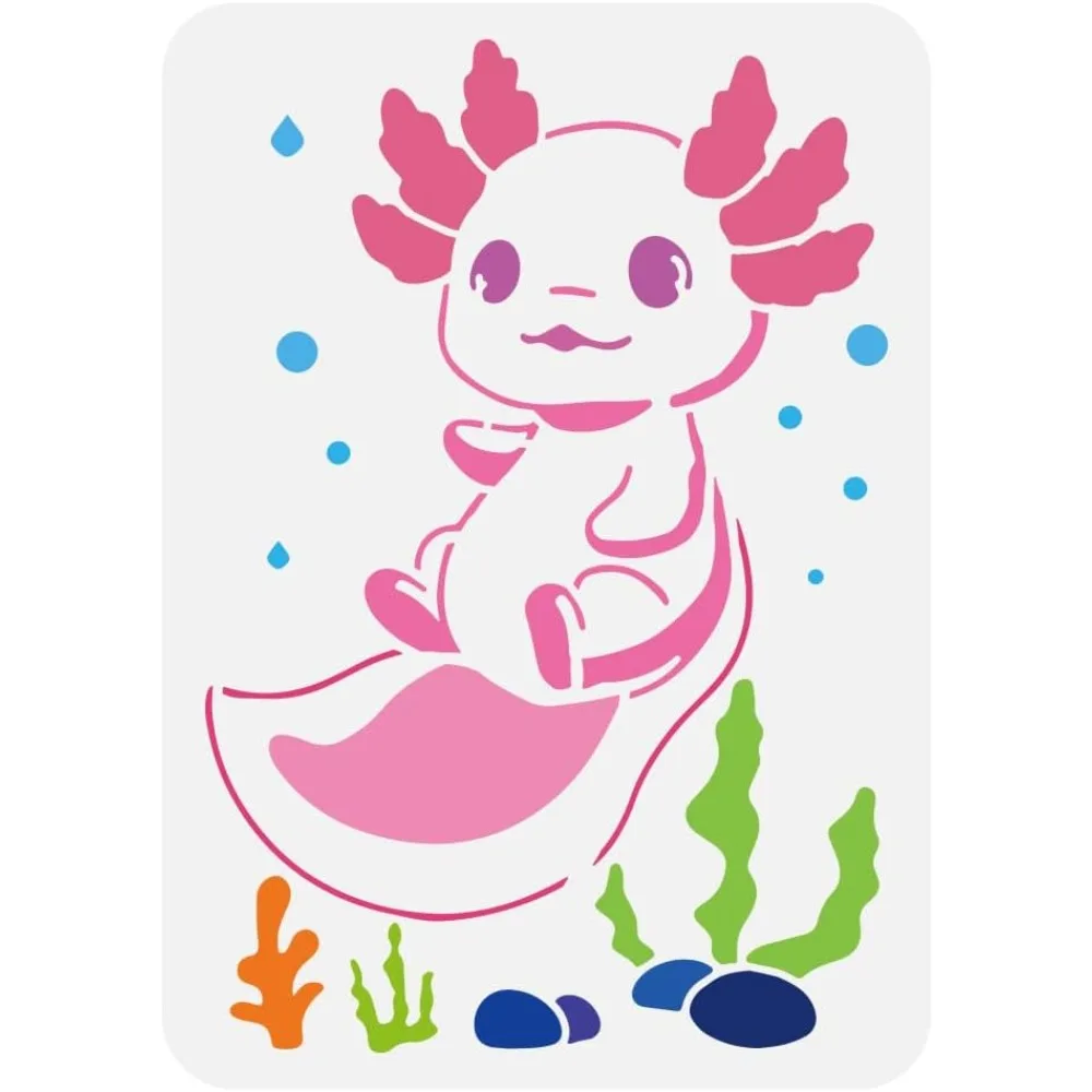 Cartoon Axolotl Stencil 8.3x11.7inch Cute Axolotl Painting Stencils Reusable Axolotl Under The Sea Templates Seaweed Stones
