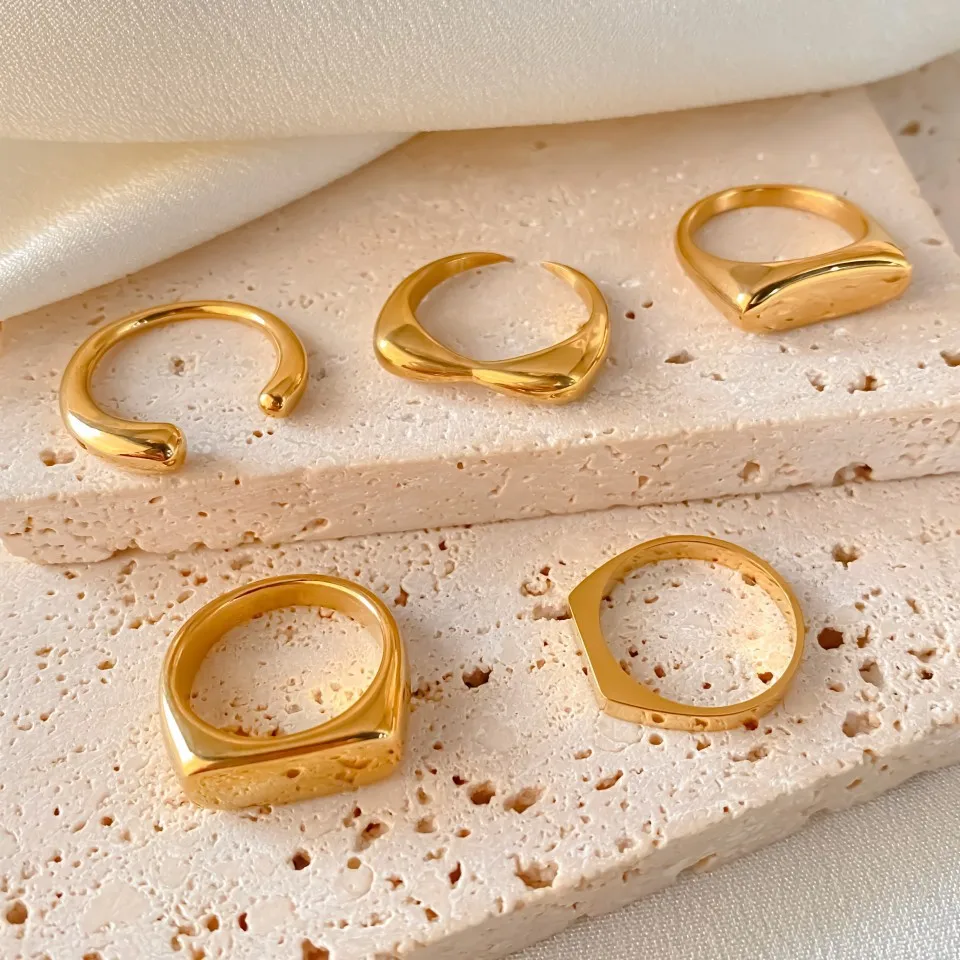 Hiraeva Edelstahl-Siegelringe für Damen und Herren, verschiedene Stile, quadratisch, gewölbt, offene Manschettenringe, stapelbar, schlichte Ringe – Detail 7