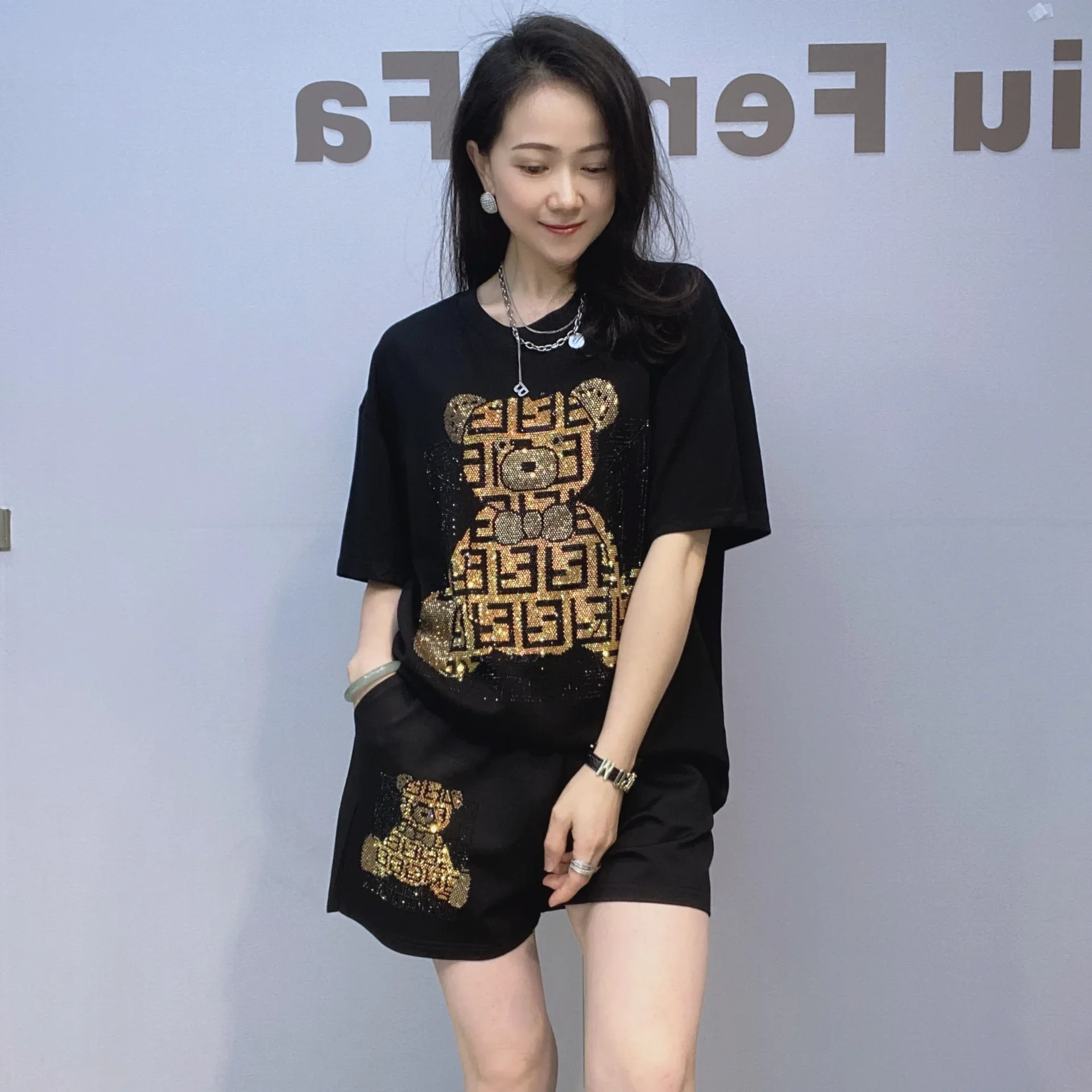 

Two Piece Sets Womens Outfits Fashion Cartoon Diamonds Black Tracksuit Summer Short Sets Women Casual Knitwear Костюм Женский
