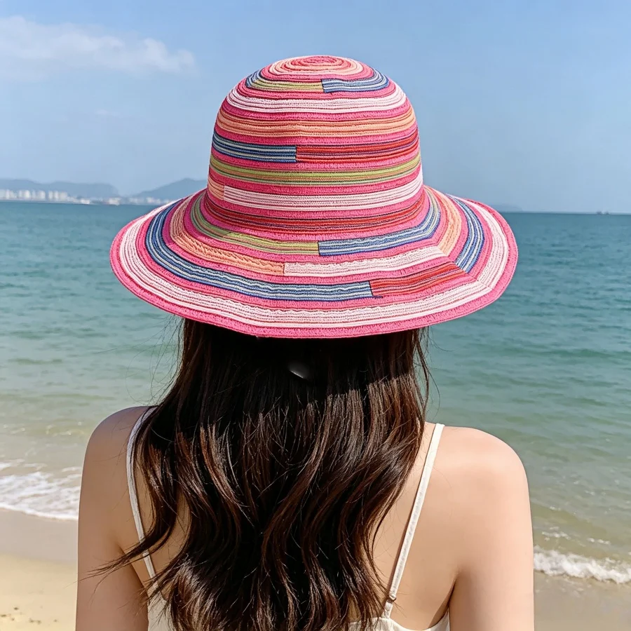 Colorful Striped Wide-Brimmed Sun Hat for Summer, Uv Protection, Breathable, Foldable, Suitable for Beach Vacations/Outdoor Activities/Daily Commuting/Photo Shoots, Fisherman's Hat