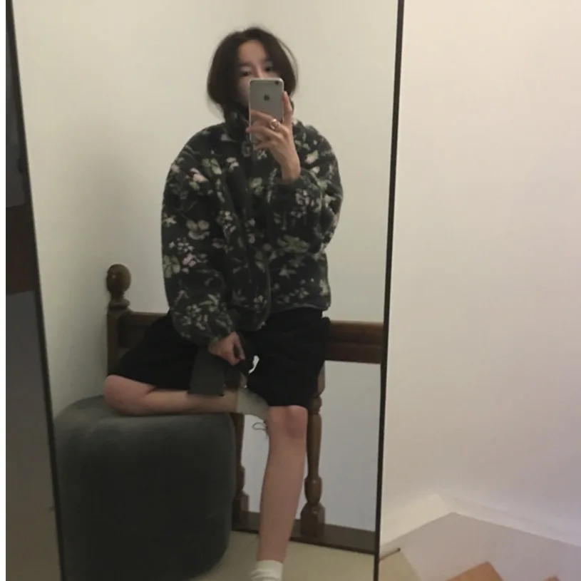 Faionable Autumn Winter Floral Print Lamb Fur Zipper ket Cotton Jaet Women's Sli Anti-Aging Outerwear Coat