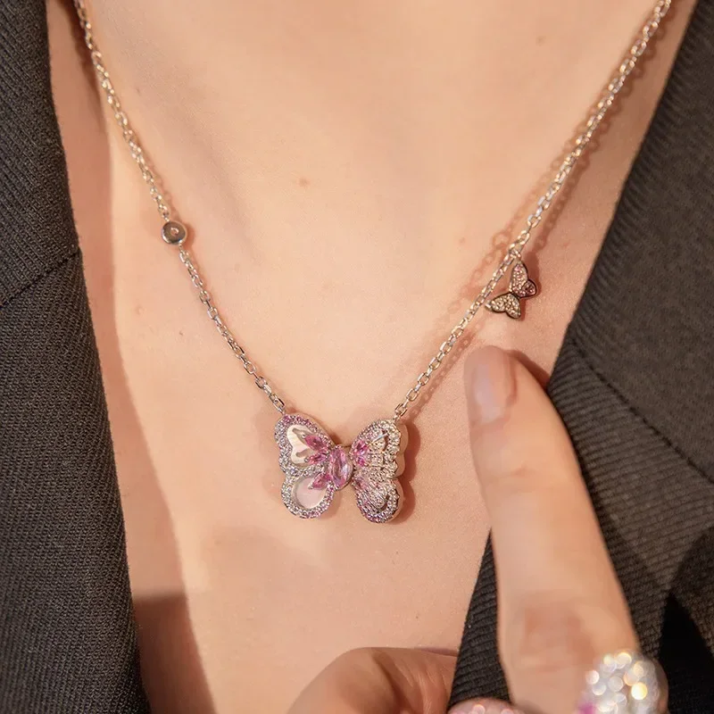 Bellux Pink Gradient White Shell Corundum Butterfly Pendant Fine Jewelry S925 Silver Gold Plated Necklace