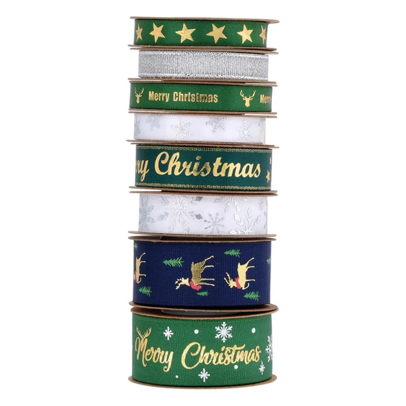 8 Patterns Ribbon Christmas Ribbon Printed Grosgrain Ribbon for Gift Wrapping Wedding Decoration Hair Bows DIY