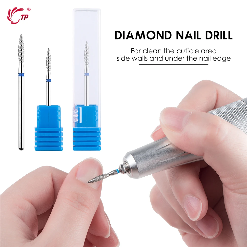 TP 5Pcs 토네이도 불꽃 다이아몬드 네일 드릴 비트 3/32 ''생크 매니큐어 커터 로터리 버 드릴 액세서리 나선형 네일 밀스 도구