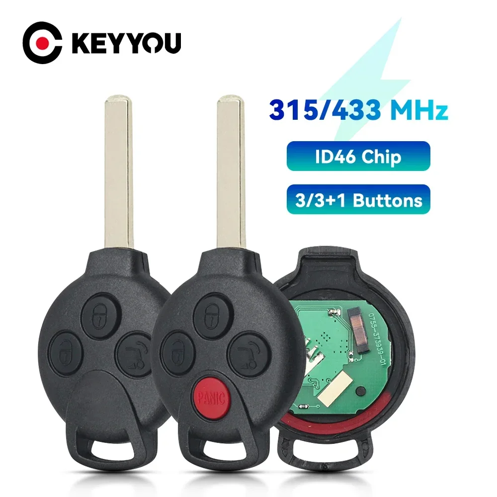 

KEYYOU Car Remote Smart Key For Mercedes-Benz Smart Fortwo 451 2007-2013 433Mhz ID46 Chip 3/4 Buttons Keyless Entry Transmitter