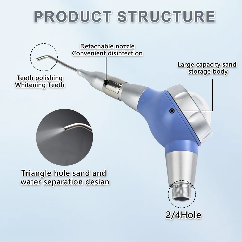 Rainbow Blue Dental Air-Powered Polisher 2/4Holes Sandblasting Handpiece With Removable Elbow Nozzle Professional  Equipment