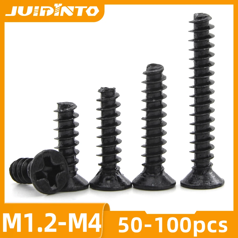 JUIDINTO 50-100pcs Black Cross Countersunk Flat Head Self Tapping Screw Flat Tail M1.2-M4 Carbon Steel Small Screws