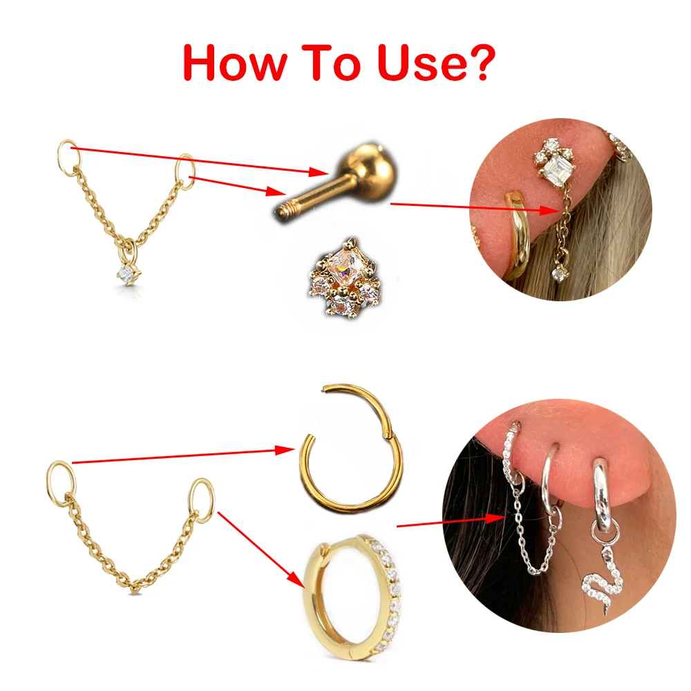 1PC Link Chain Ear Piercing Nose Hinged Earring with Round Zricon Pendant Ins Fashion Gold Color Piercing Chains Body Jewelry
