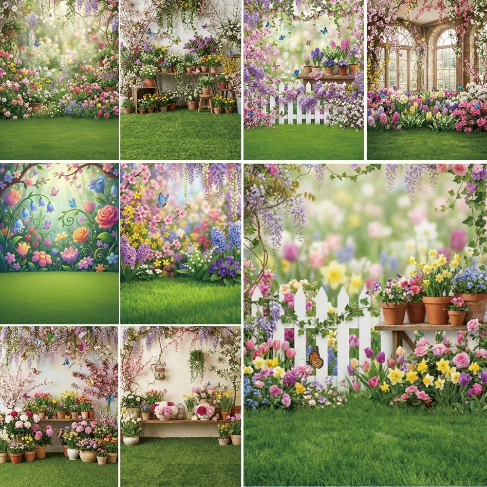 

MOON.QG Cherry Blossom Arch Photographic Background Floral Grass Butterfly Backdrop Baby Photozone Portrait Photocall Wallpaper