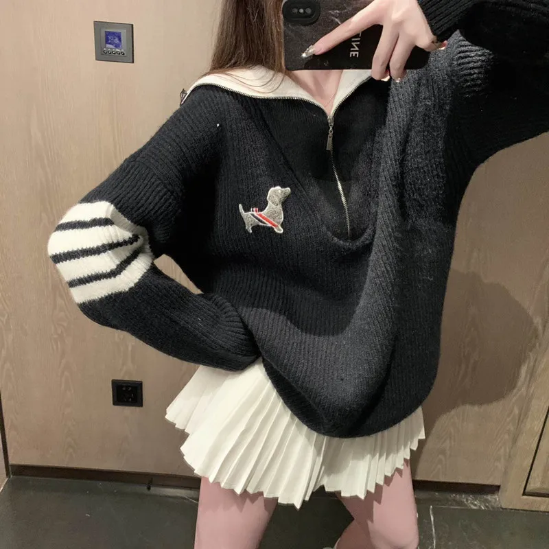 

Женский вязаный шерстяной свитер с высоким воротником и молнией в полоску, топ средней длины, длинный свек, осень-зима, новинка...