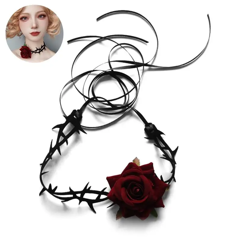 Halloween Gothic Choker Necklace Floral Velvet Choker Collar Short Necklace Red Rose Charm Necklace Vintage Tattoo Lace Wedding