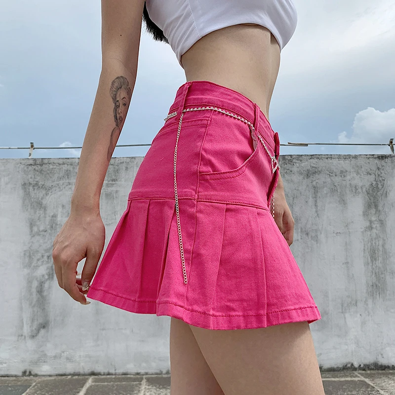 Summer Harajuku Punk Denim Mini Pleated Skirt Ladies High Waist Jeans Shorts Skirts Female Ruffles Fashion Korean Clothing