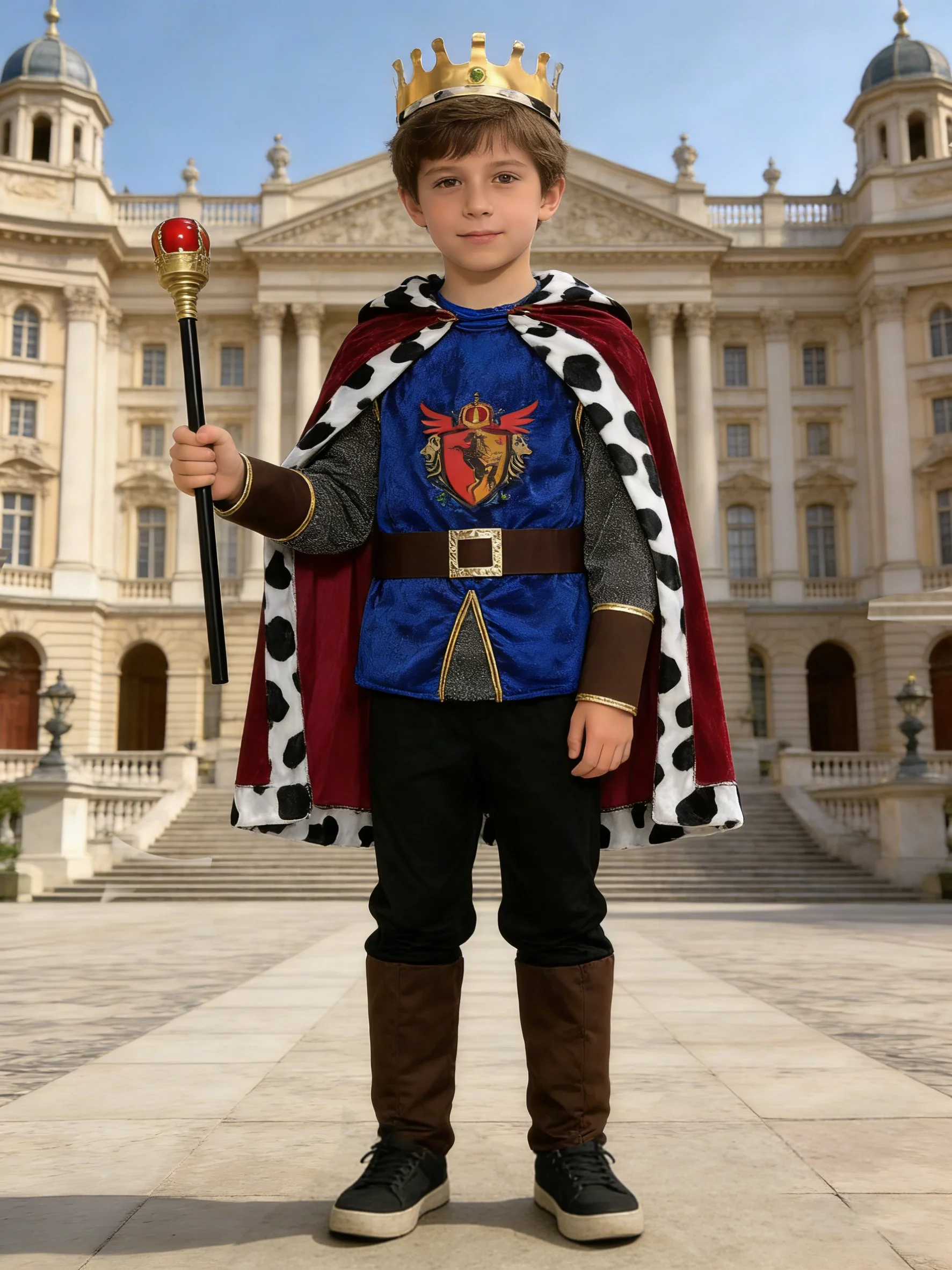 

Boys' King Costume Set: 1 Printed Top + 1 Solid Color Pants + 1 Color-Blocked Hooded Cape + 1 Crown + 1 Pair of Wristbands + 1 Scepter, Boys' Multi-Piece King Costume Set, Halloween and Various Carnival Costumes, Stage Performance Outfits