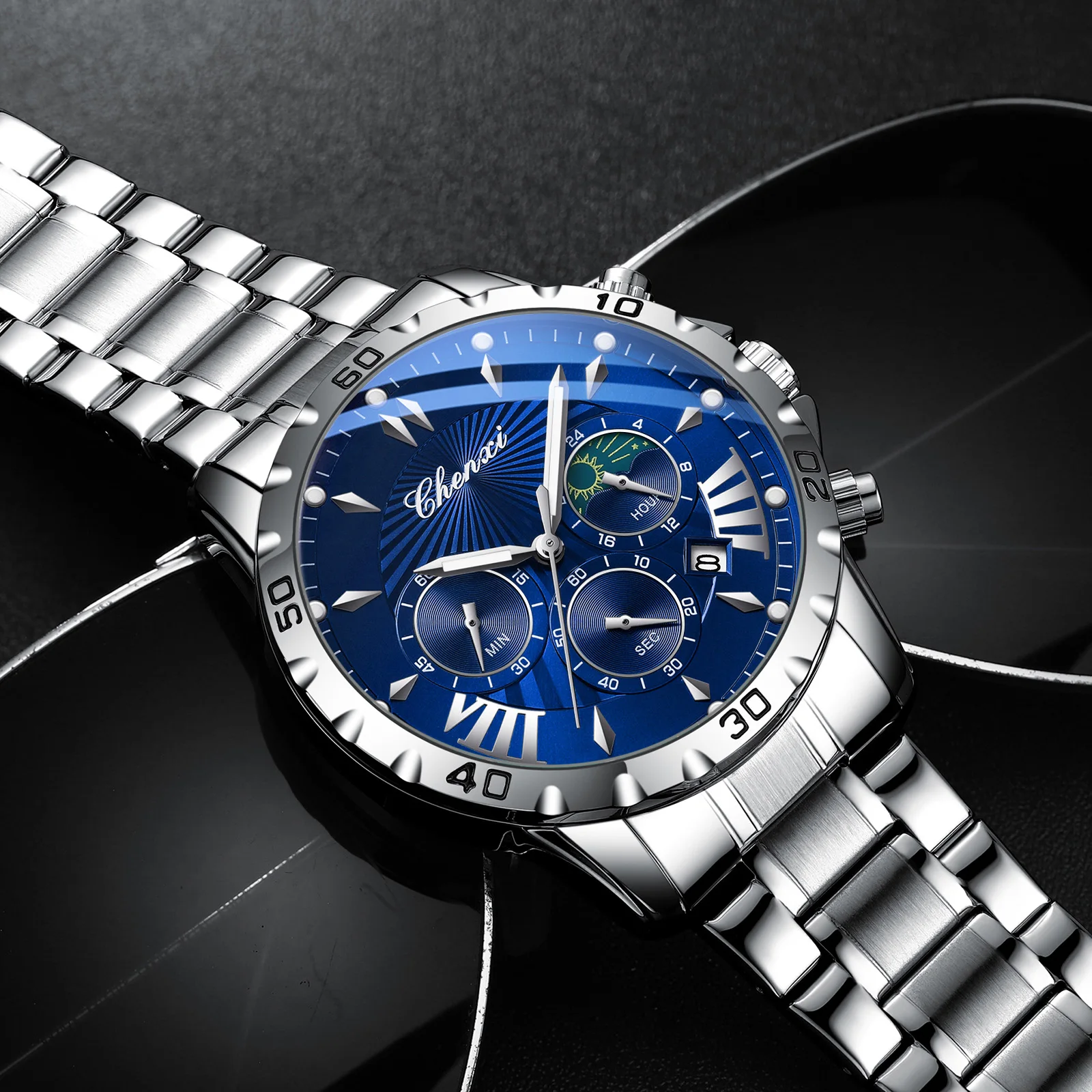 43 mm Large Analog Quartz Men's Watch Chronograph Moon Phase Calendar Watches Fashion Waterproof Business Watch Male CHENXI