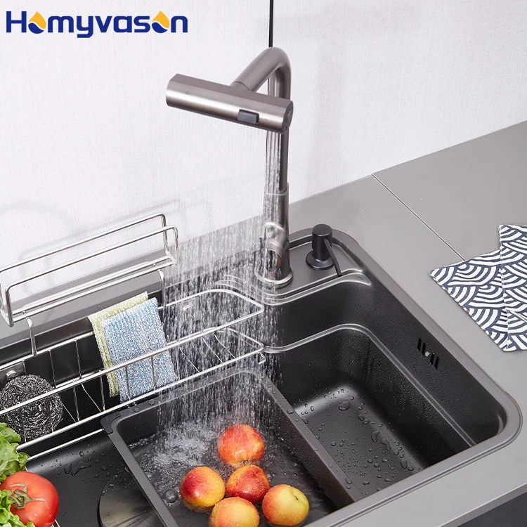 Modern Large 304 Black Stainless Steel Draining Single Bowl Pull Out Kitchen Mixer Tap Kitchen Sink With Drain Board