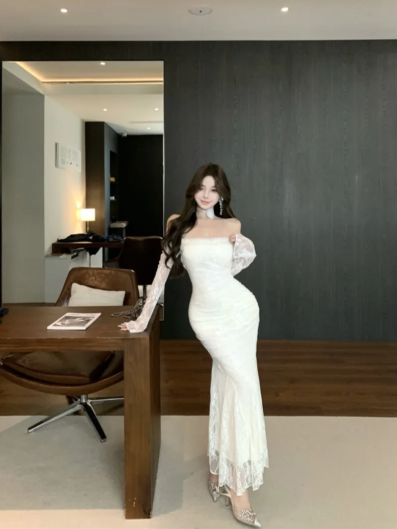 Ele Wit Kant Lange Sve Dr Dames Fi Staart Rok Lange Dr Zacht Meisje Sle Pendelen Sle Herfst Hoge Taille Sli...