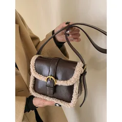 Retro Plush Crossbody Bag Fashion Korean Lamb Wool Splice Shoulder Bag Leather Texture Women Pop New High-Grade Small Square Bag