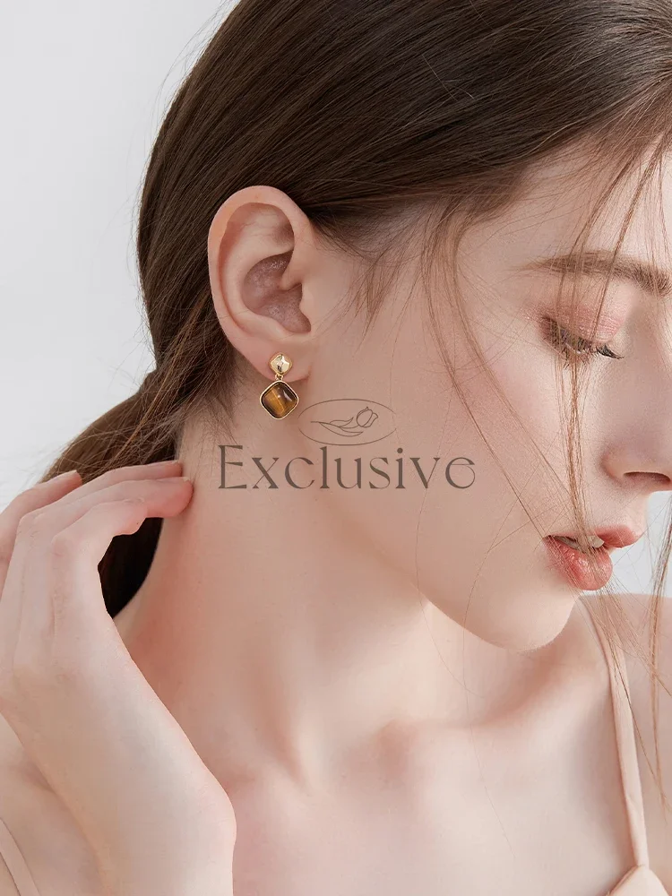 Brown square earrings for women's high sense of light luxury temperament atmospheric stud earrings
