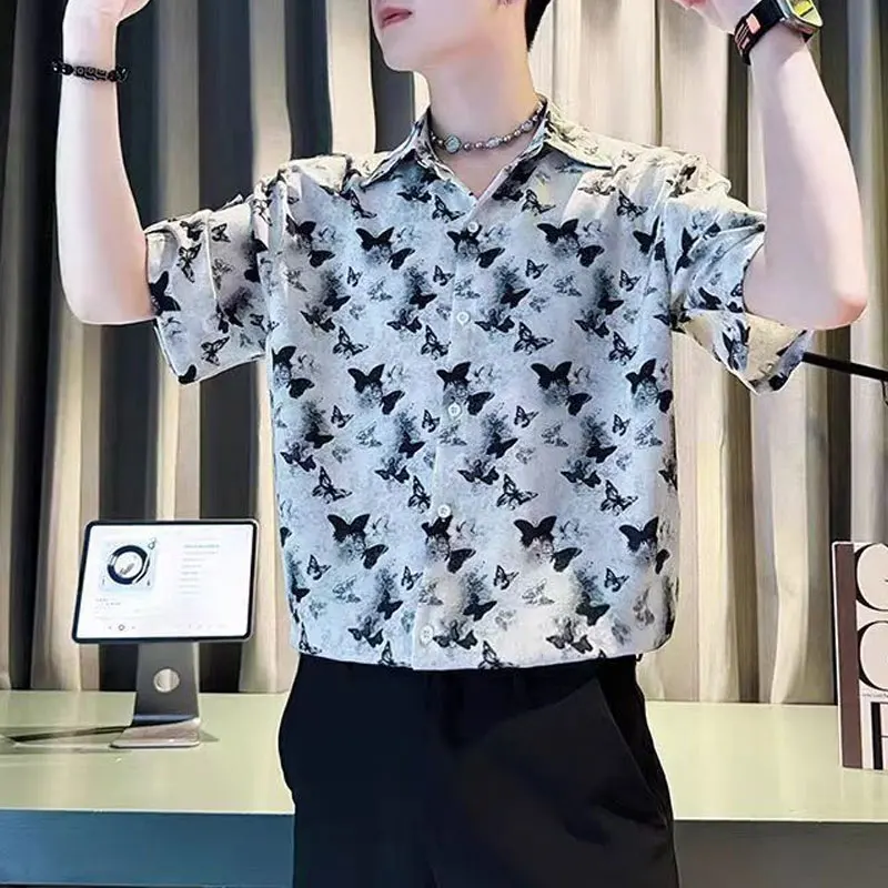 

Vintage Butterfly Printed Shirts Men's Clothing Chinese Style Summer Polo-Neck Loose Short Sleeve Casual Single-breasted Shirts