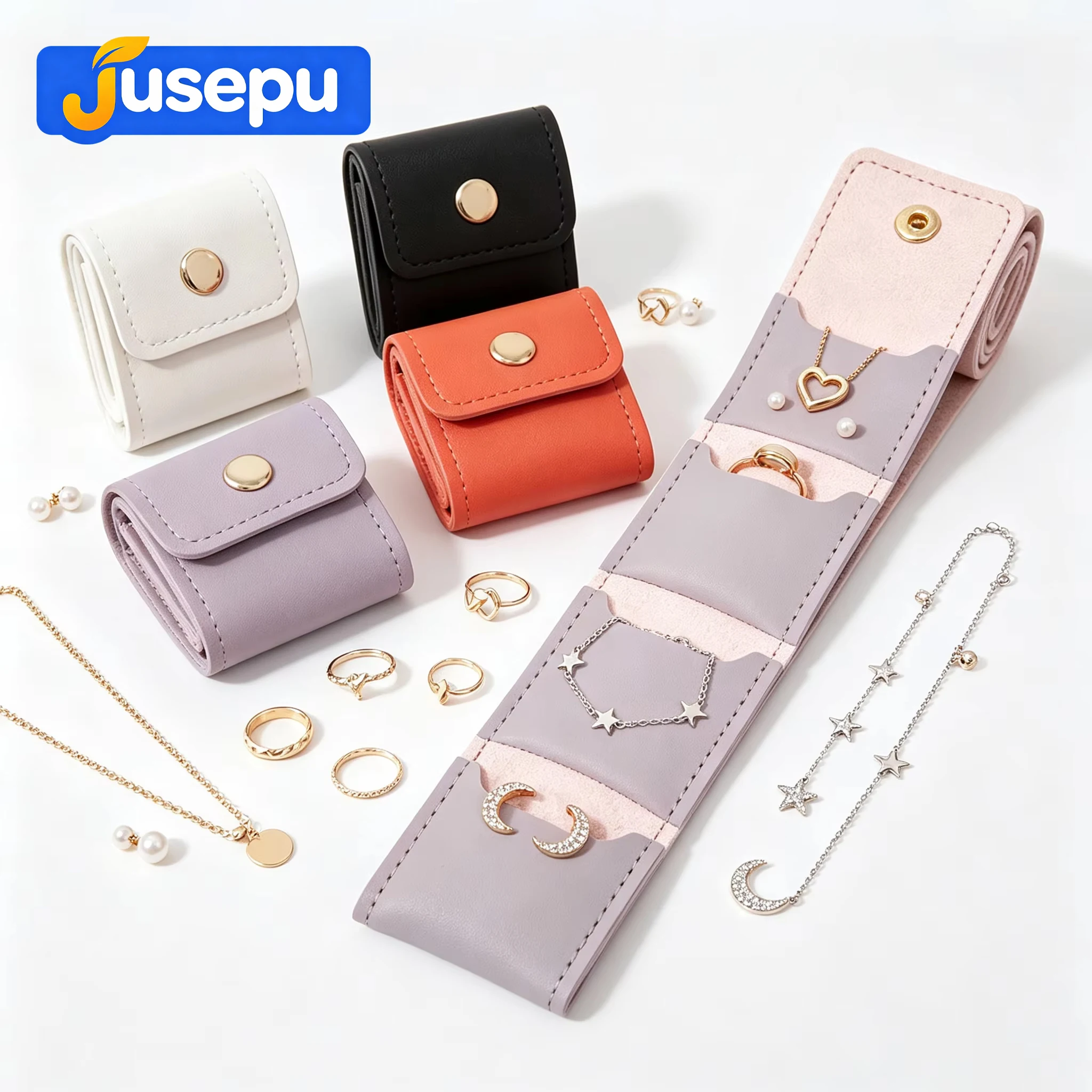 Mini Snap Button Foldable Jewelry Roll Bag 4 Compartments Women Coin Purse for Earring Necklace Travel Daily Business Vacation