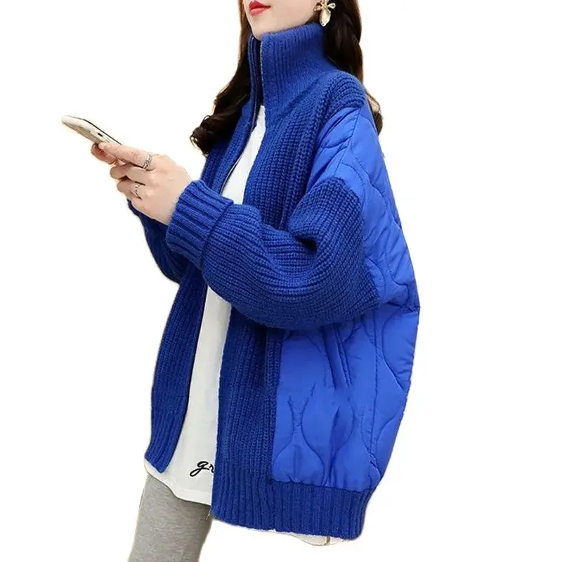 

High Quality Blue Cotton Coat Women's Winter Jacket Parker Fashion Design Knitted Cardigan Sweater Coat Female Outerwear